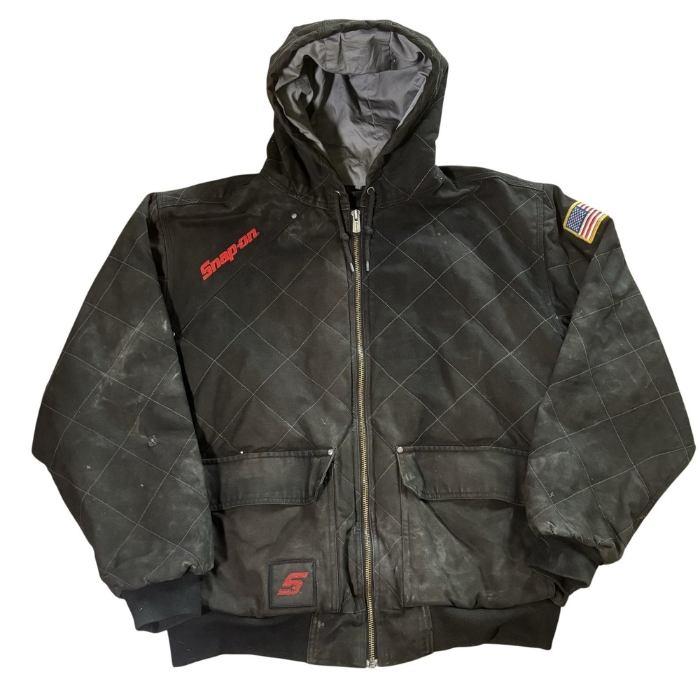 Snap-on Jacket Mens XL Black Quilted Hooded Full Zip USA Flag Workwear Logo